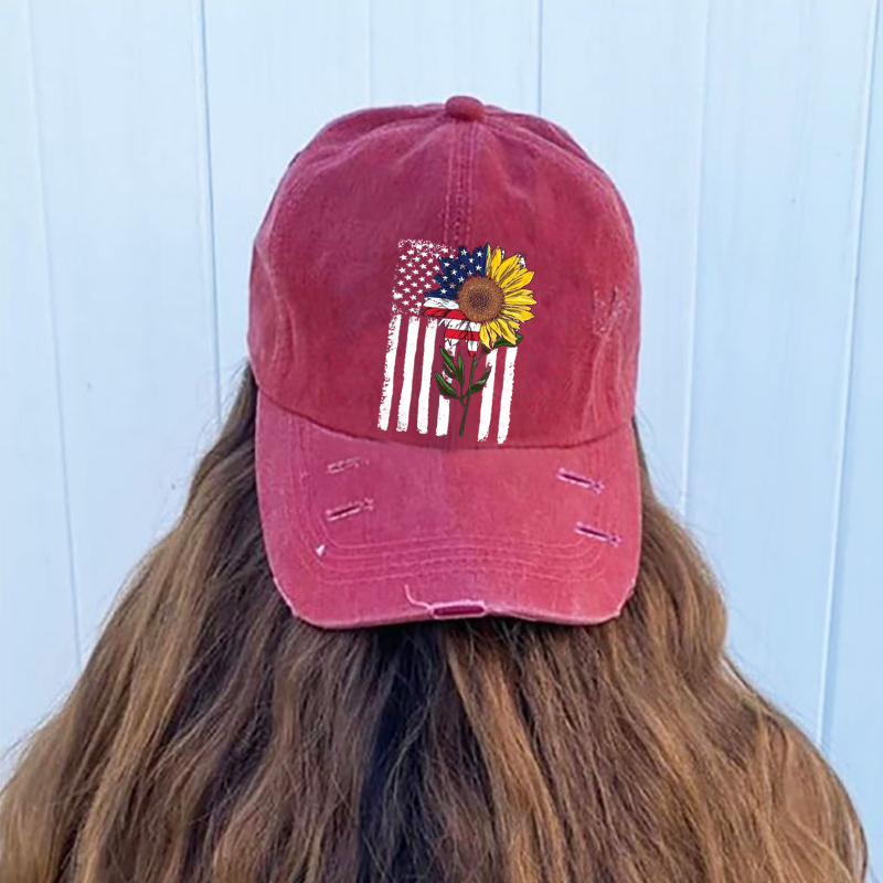 Sunflower American Flag Jeep Girl Hat  Jeep Lovers