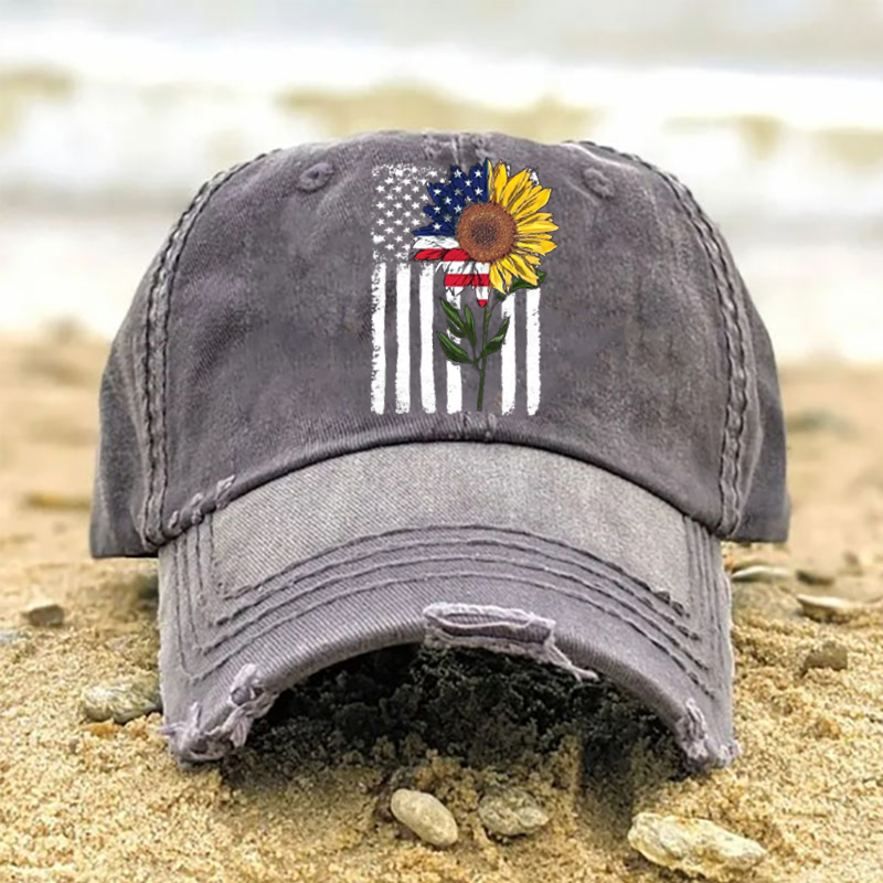 Sunflower American Flag Jeep Girl Hat  Jeep Lovers