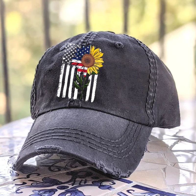 Sunflower American Flag Jeep Girl Hat  Jeep Lovers