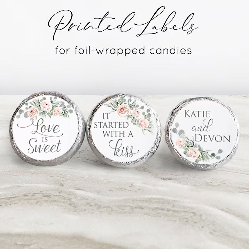 Printed Stickers for Chocolate Kiss Candy - Personalized Wedding Favors, Bridal Shower