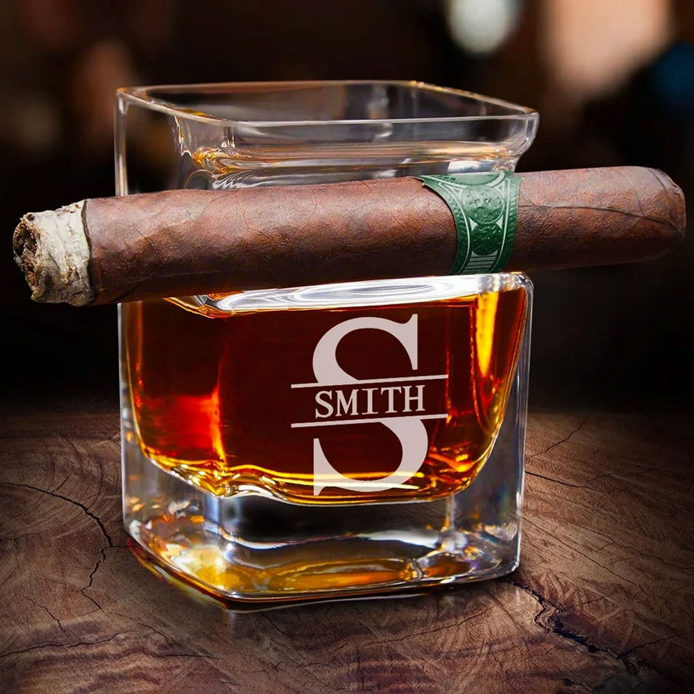 Personalized Whiskey Glass with Cigar Holder For Men's Gift