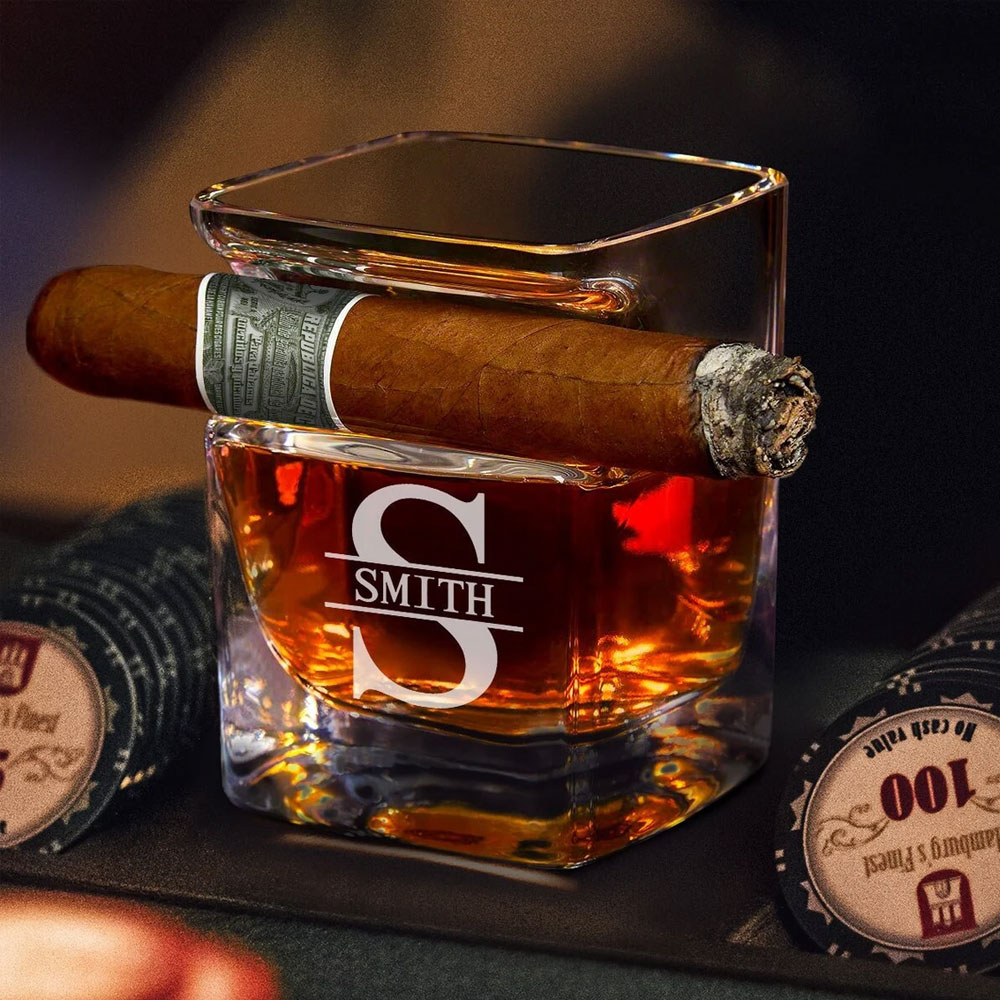 Personalized Whiskey Glass with Cigar Holder For Men's Gift