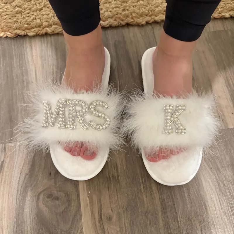 Feather Bride Slippers| I Do Slippeers|Customized Slippers|Peal Rhinestone Slippers