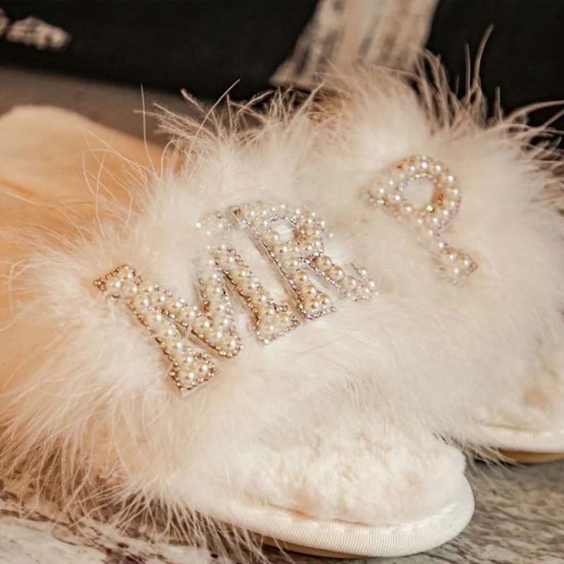 Feather Bride Slippers| I Do Slippeers|Customized Slippers|Peal Rhinestone Slippers