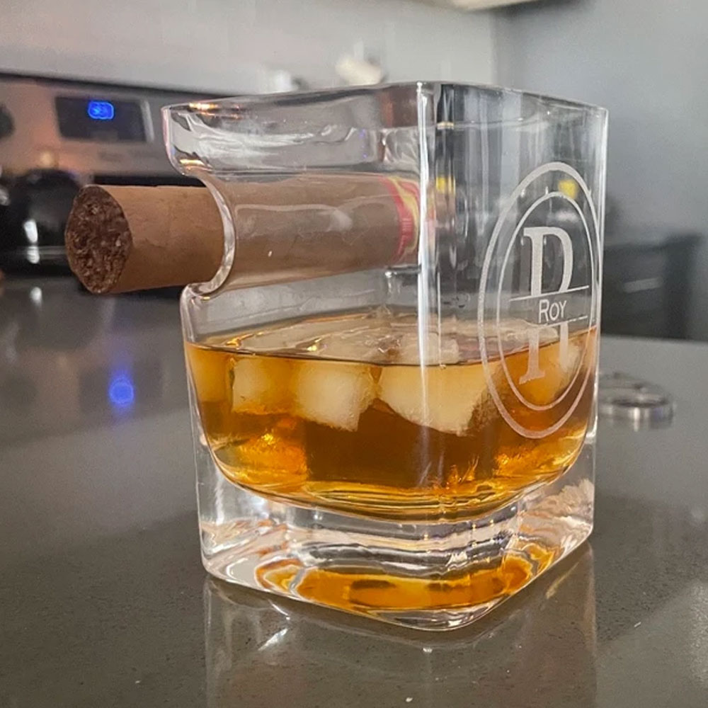 Personalized Whiskey Glass with Cigar Holder For Men's Gift