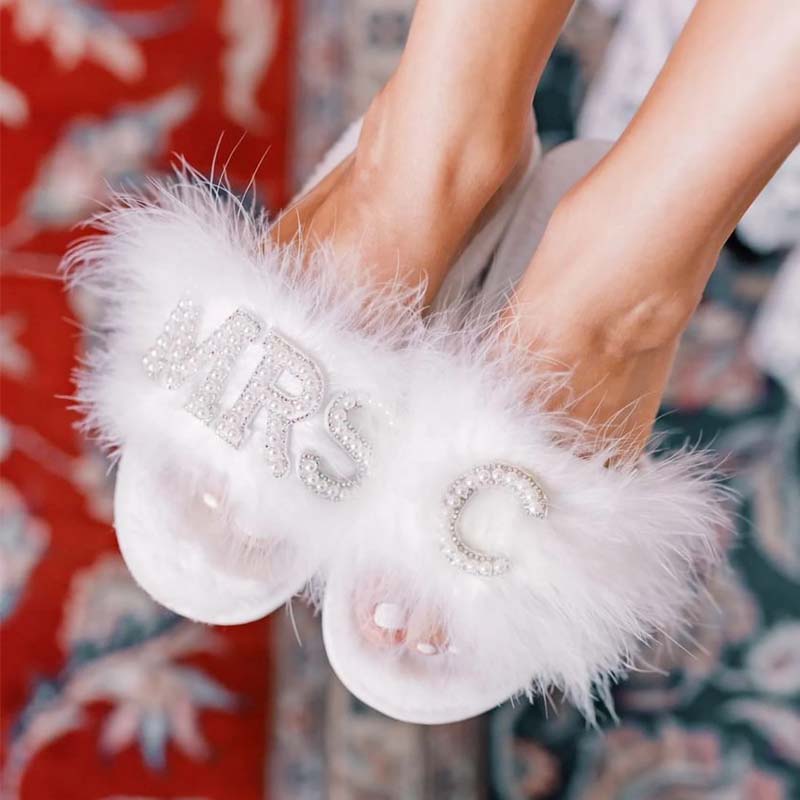 Feather Bride Slippers| I Do Slippeers|Customized Slippers|Peal Rhinestone Slippers