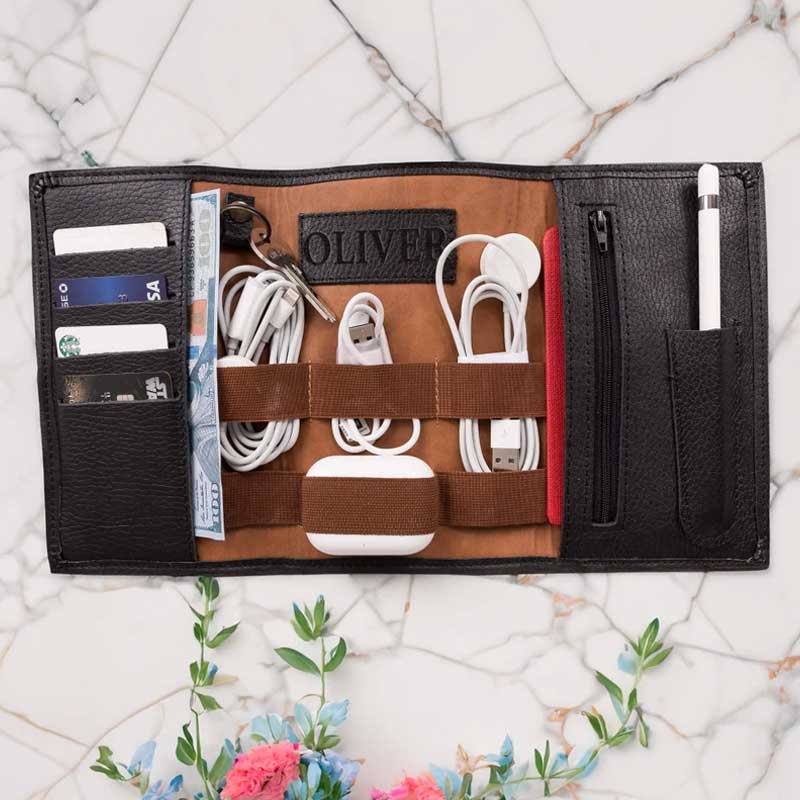 Personalized Travel Charger Leather Organizer, Graduation Gifts