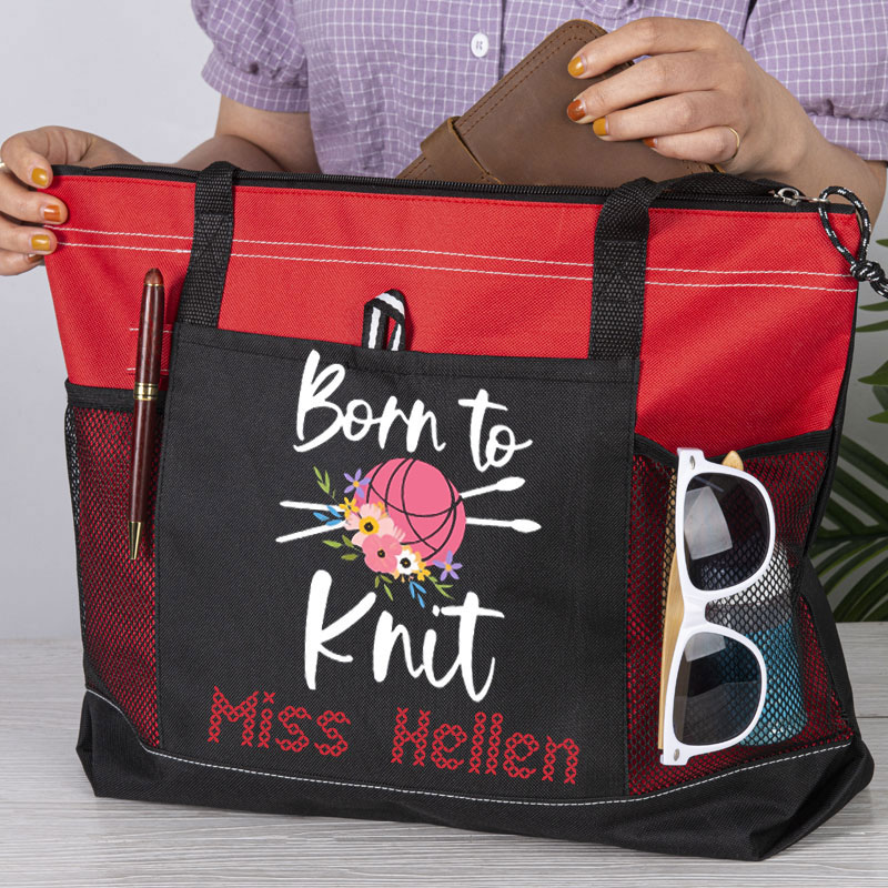 Born To Knit Personalized Knitting Name Tote Bag