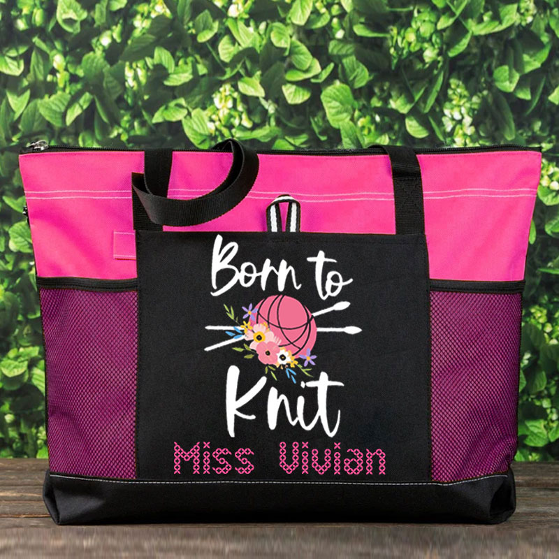 Born To Knit Personalized Knitting Name Tote Bag