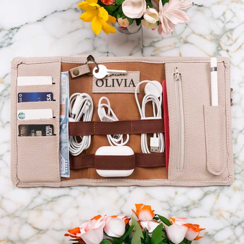 Personalized Travel Charger Leather Organizer, Graduation Gifts