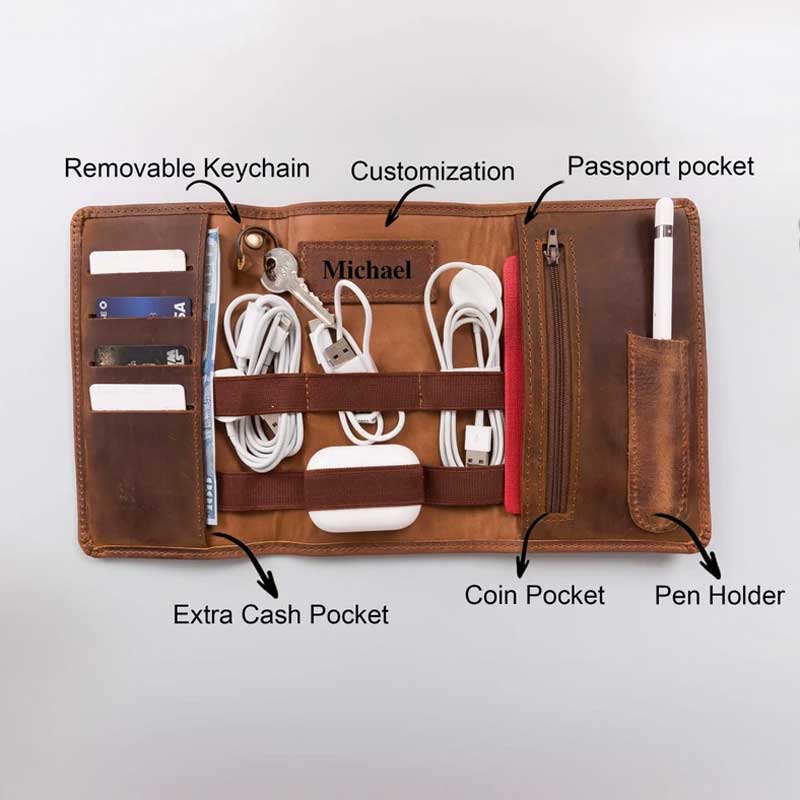 Personalized Travel Charger Leather Organizer, Graduation Gifts