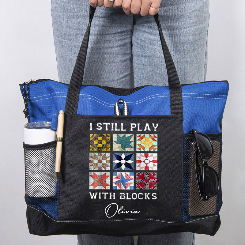 I Still Play With Blocks Quilt Funny Quilting Sewing Fabric Tote Bag