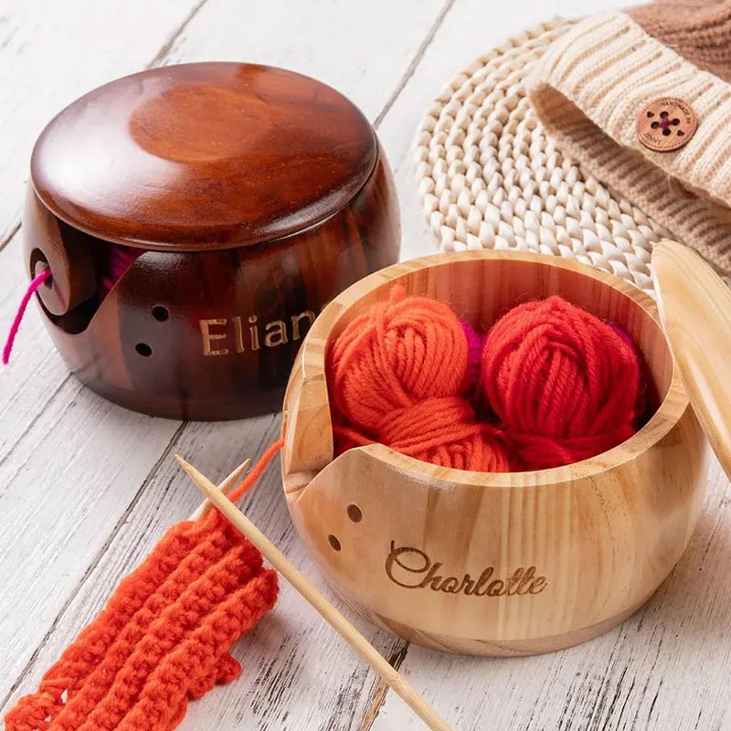 Personalized Name Wooden Yarn Bowl for Knitting & Crochet