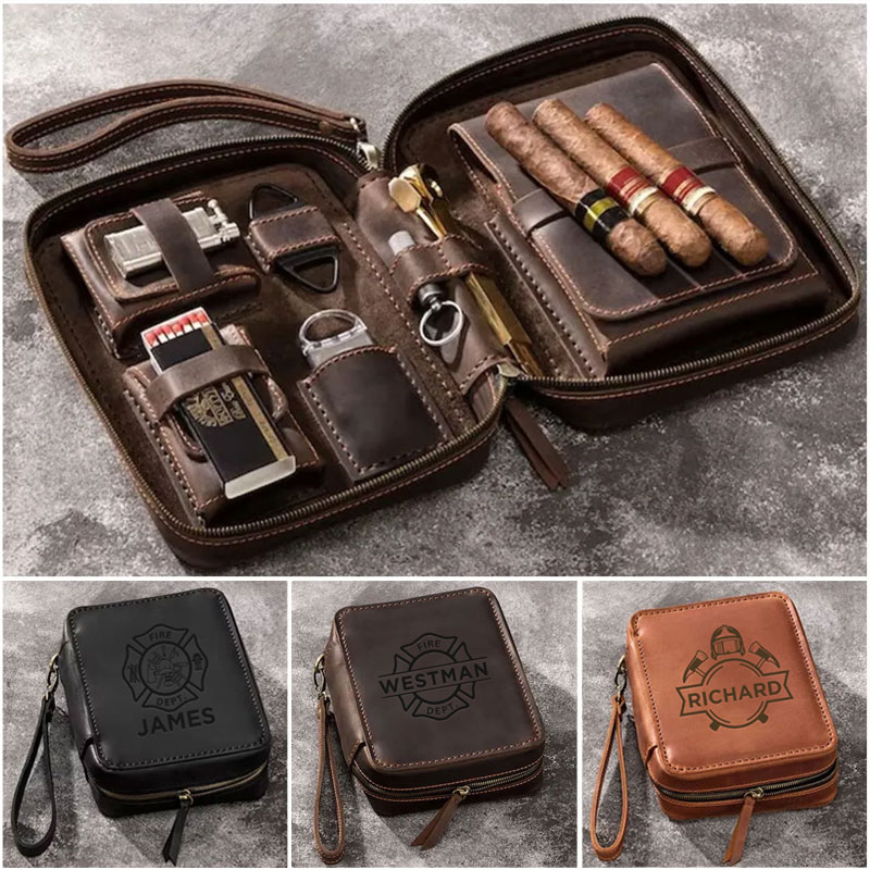 Personalized Leather Travel Cigar Box For Cigar Accessories, Firefighter Monogram Gift