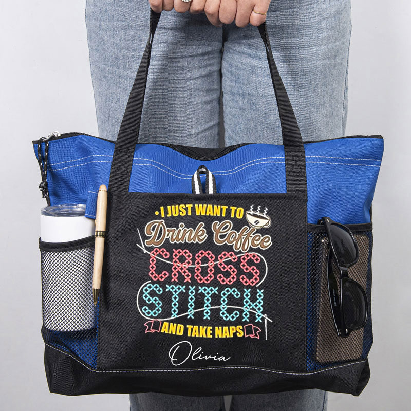 Coffee, Cross Stitch, Take Naps Custom Tote Bag