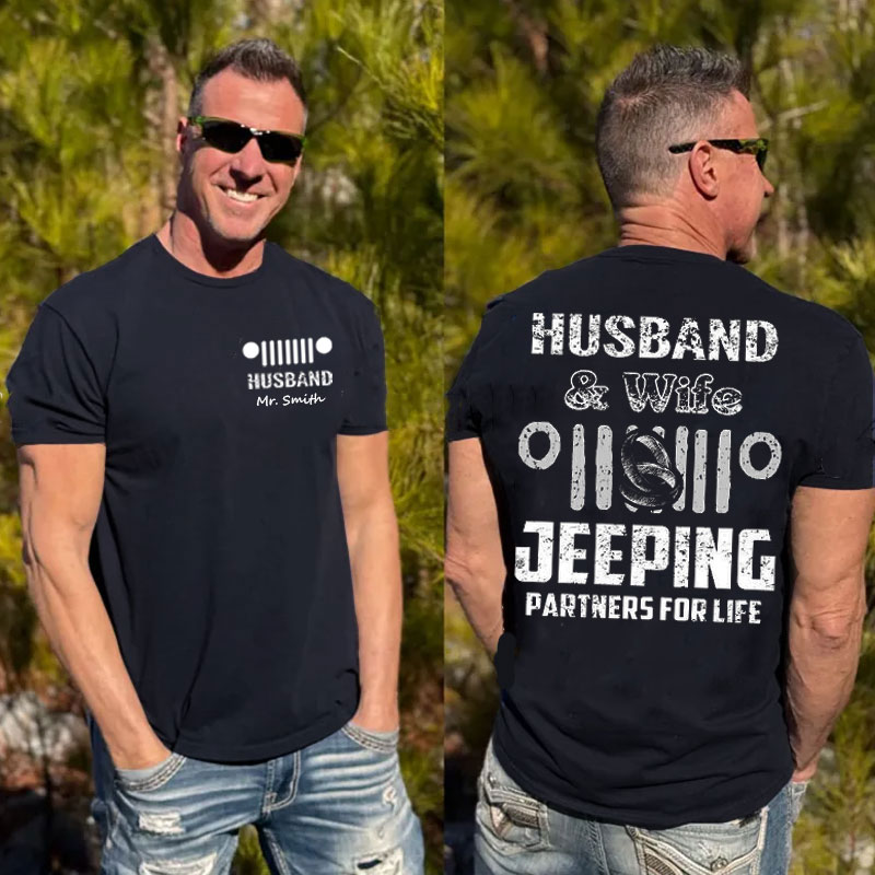 Husband and Wife Jeeping Partners for Life Personalized Couple T Shirt