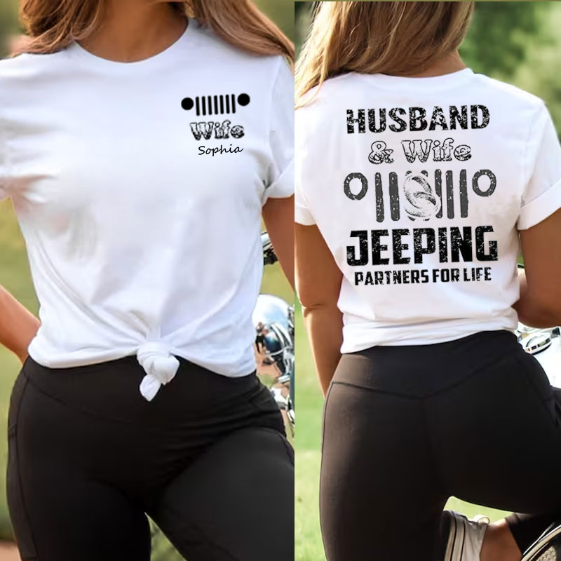 Husband and Wife Jeeping Partners for Life Personalized Couple T Shirt