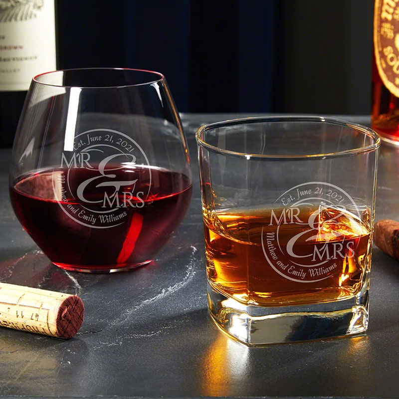 Custom Wine and Whiskey Glass Set, His and Hers Wedding, Valentine Day Gift