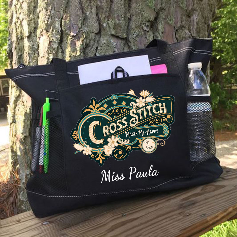 Personalised Cross Stitch Makes Me Happy Tote Bag