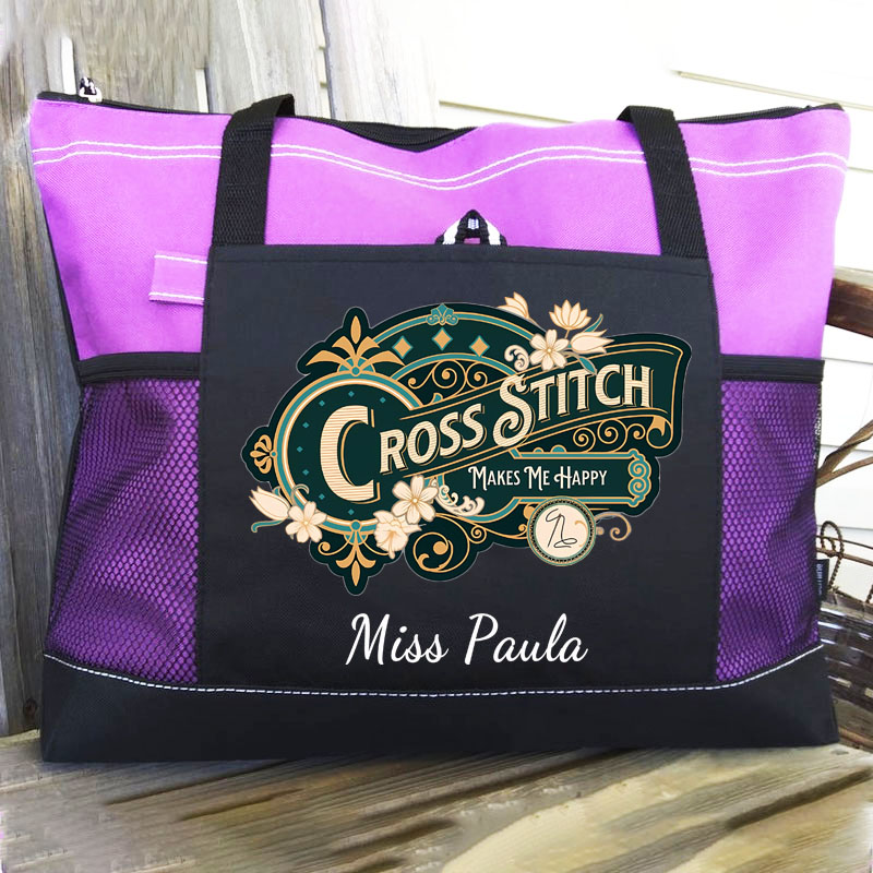 Personalised Cross Stitch Makes Me Happy Tote Bag