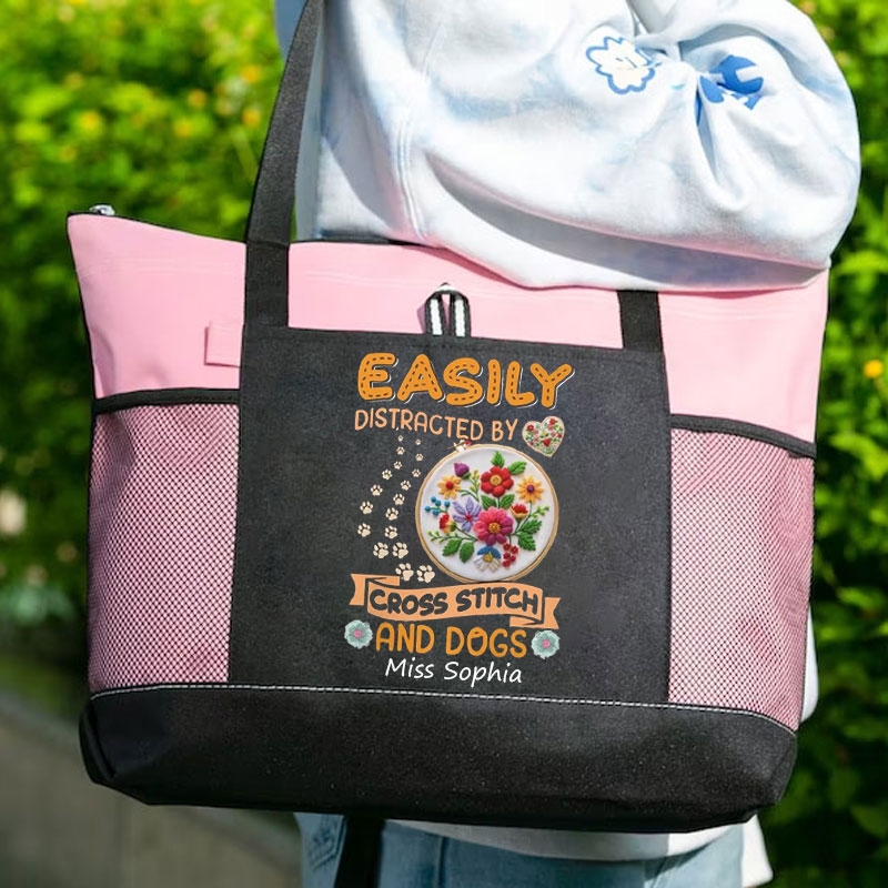 Easily Distracted By Cross Stitch And Dogs  - Tote Bag