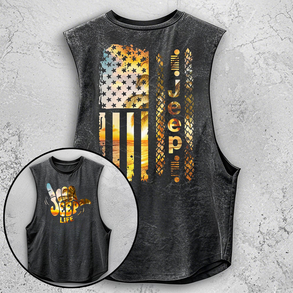 Jeep Life Sunset Beach Hand Signal US Flag Beach Black Men Tank Top