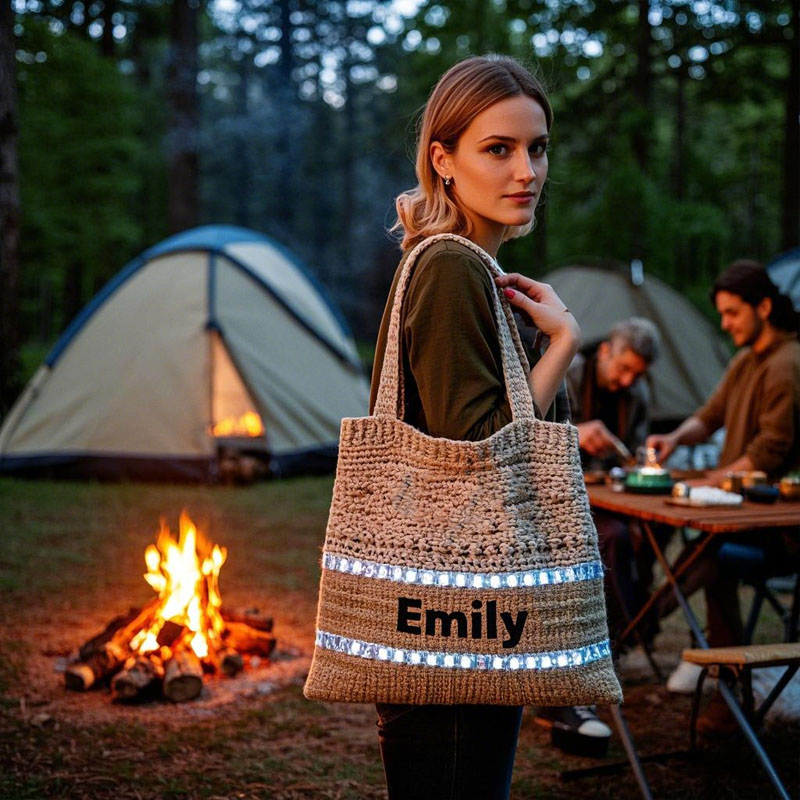 Handwoven Camping Tote Bag With Floral Accents