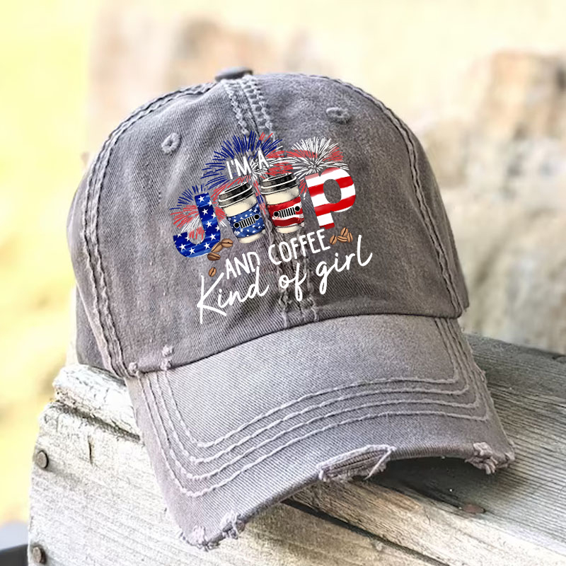 Jeep And Coffee Girl USA Flag Baseball Cap