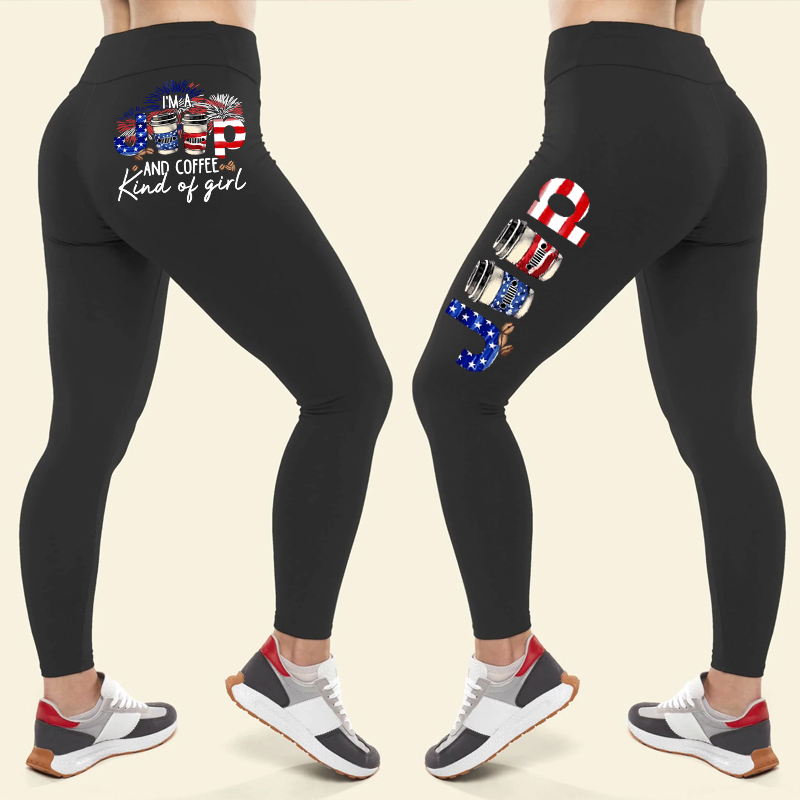 Jeep And Coffee Girl USA Flag Leggings