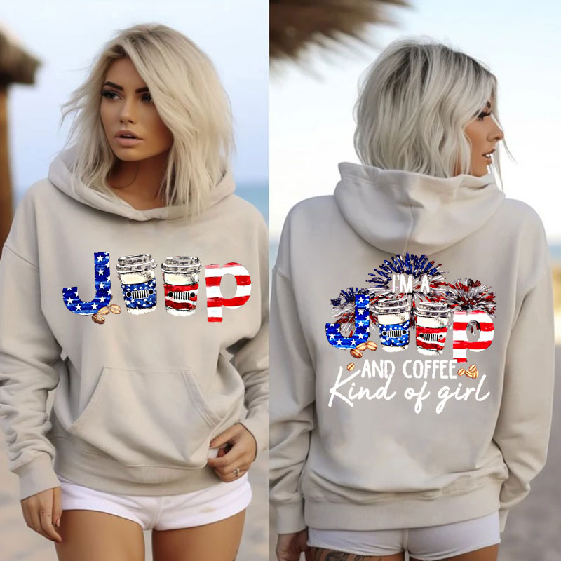 Jeep And Coffee Girl USA Flag Oversized Hoodie