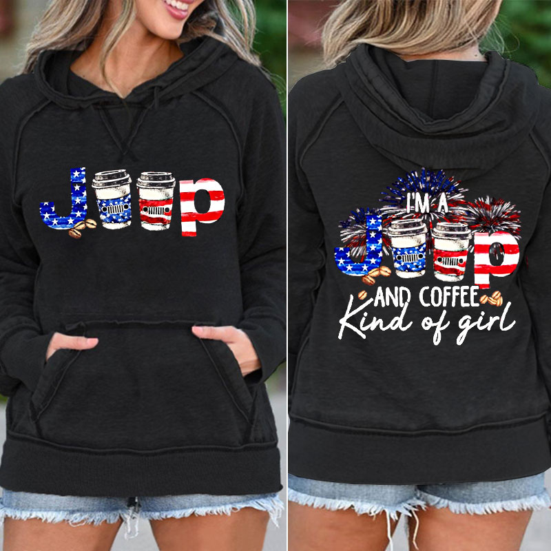 Jeep And Coffee Girl USA Flag Pocket Hoodie