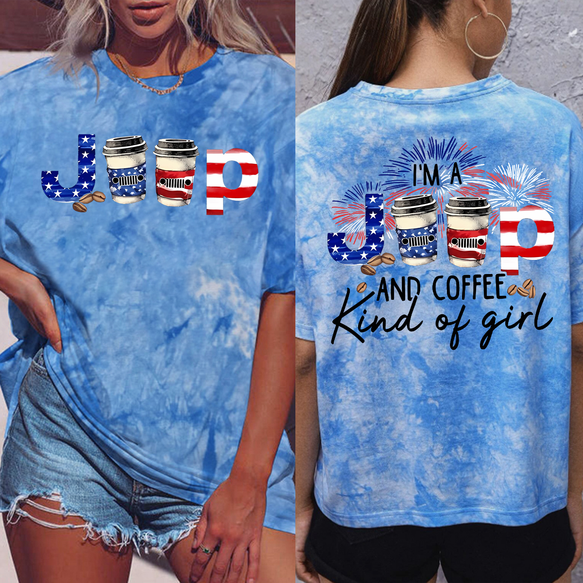 Jeep And Coffee Girl USA Flag Tie-dye T-Shirt