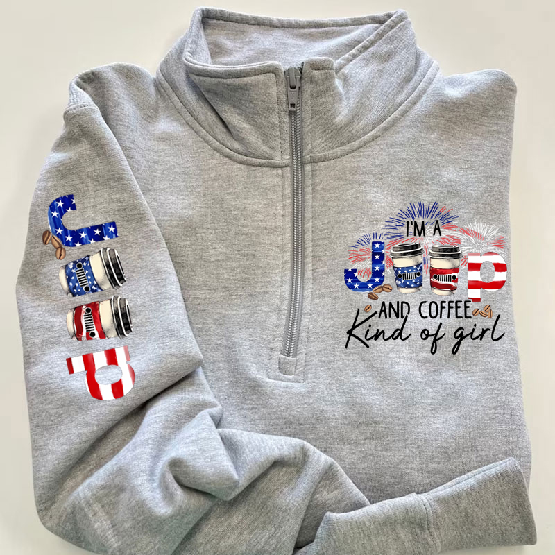 Jeep And Coffee Girl USA Flag Zip Jacket Sweatshirt
