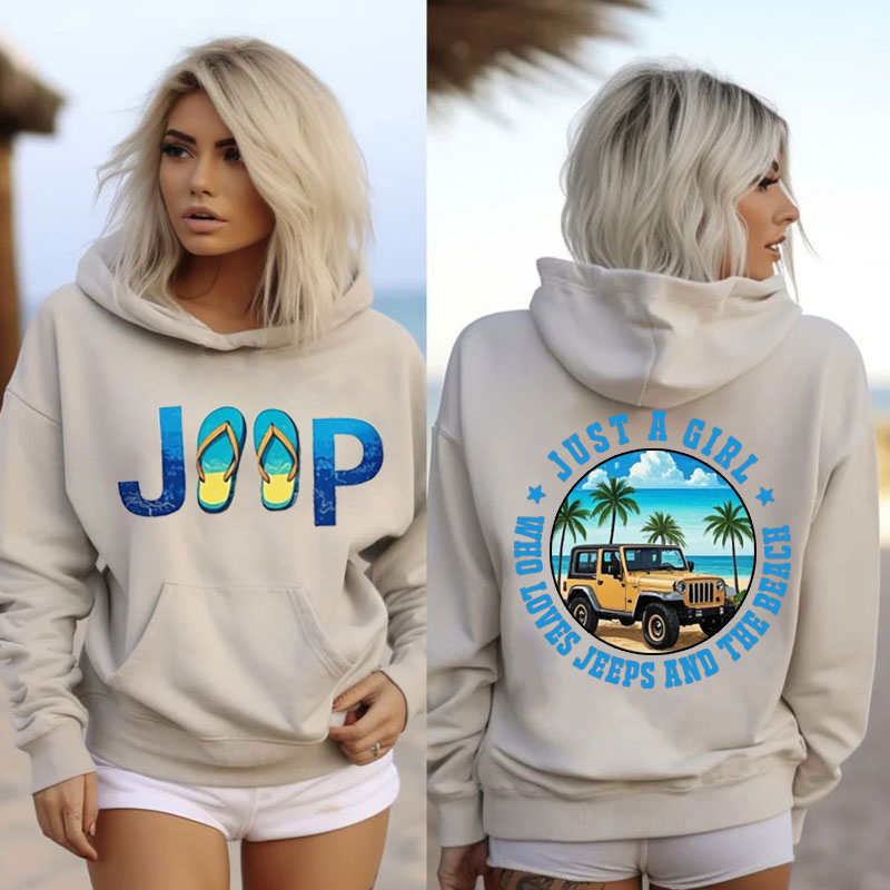Jeep Flip-flop girl beach coconut trees, Oversized Hoodie
