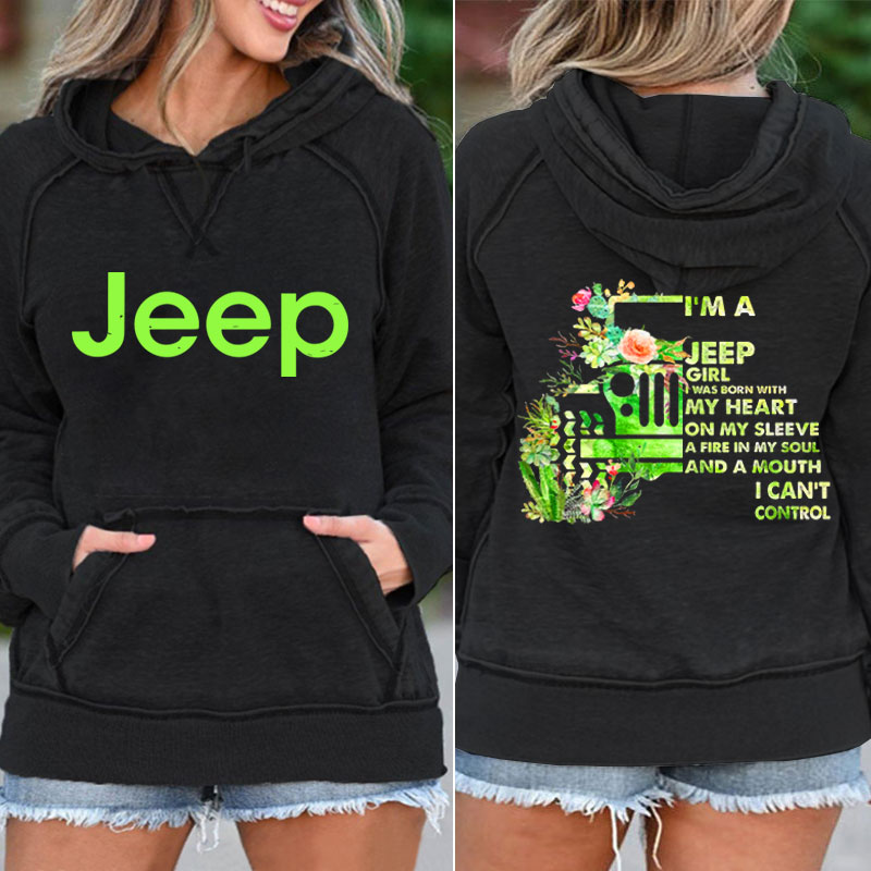 Jeep Girl Green Watercolor Flowers Pocket Hoodie