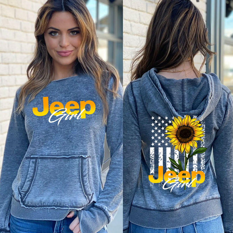Jeep Girl Sunflower USA Flag Distressed Hoodie