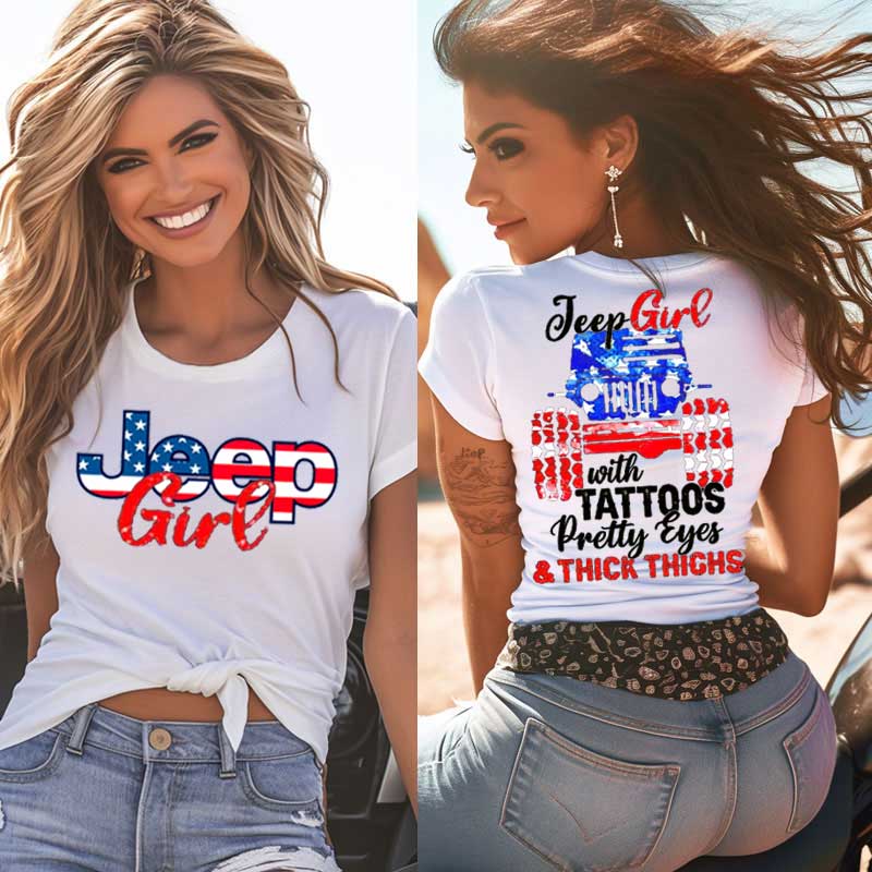 Jeep Girl with Tattoos Pretty Eyes and Thick Thighs 4th of July T-Shirt