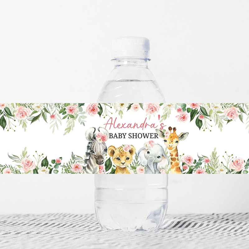 Jungle Baby Shower Water Bottle Labels, Safari Animals Bottle Label