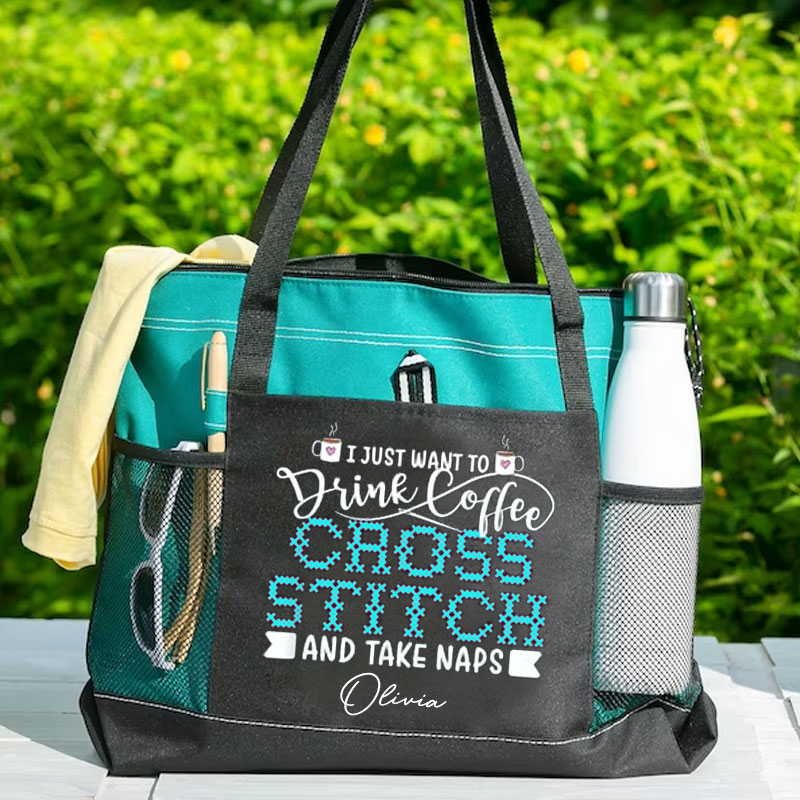 Just Want To Drink Coffee Cross Stitch Take Naps Custom Tote Bag