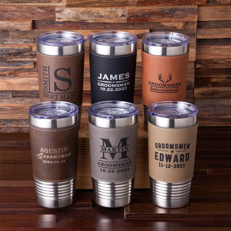 Personalized Double Wall Stainless Steel Leather 20oz Car Mug