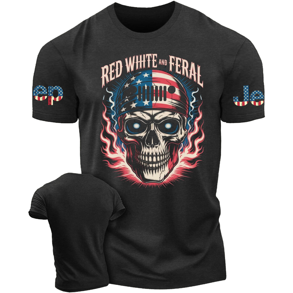 Red White and Feral Skull American Flag Jp Tshirt