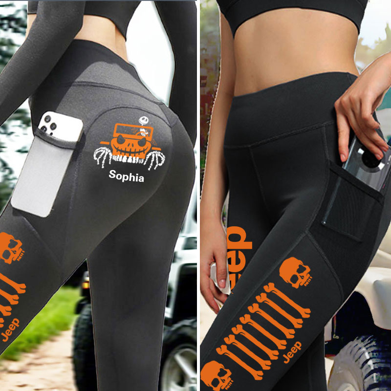 Jeep Bone Grille Orange Mesh Pocket Athletic Leggings