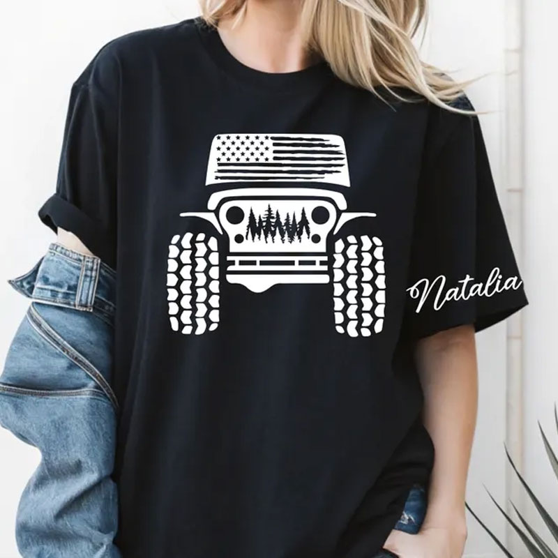 American Offroad T-Shirt with Custom Name on Sleeves, USA Flag Tee