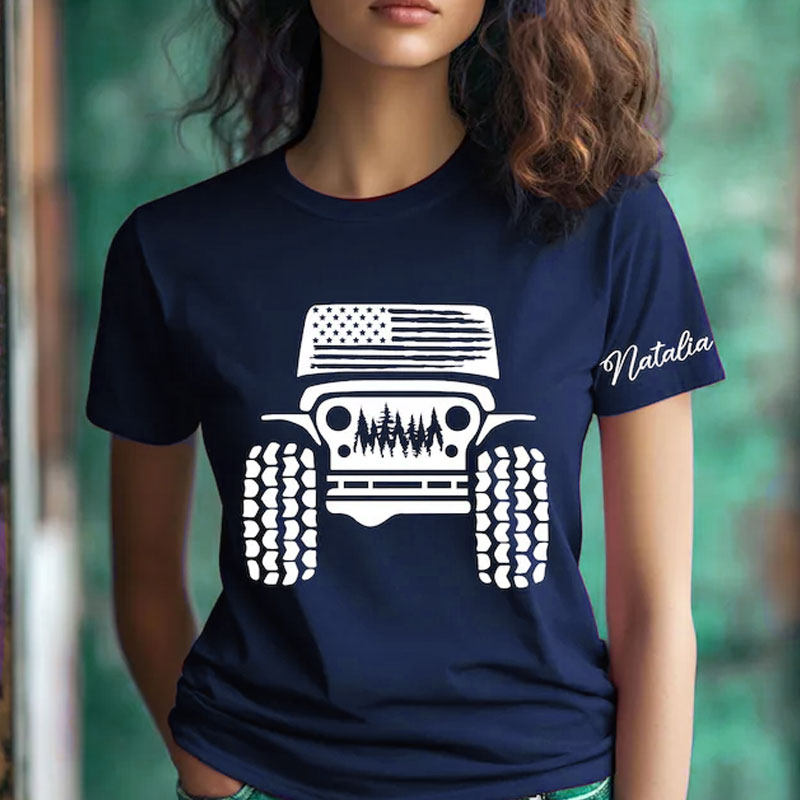 American Offroad T-Shirt with Custom Name on Sleeves, USA Flag Tee