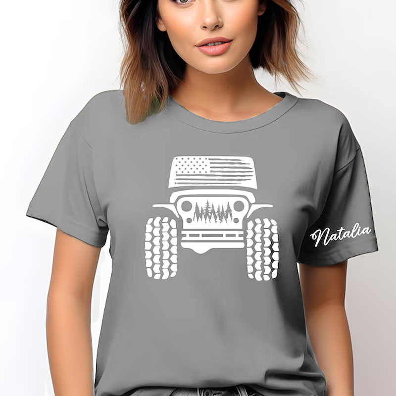 American Offroad T-Shirt with Custom Name on Sleeves, USA Flag Tee