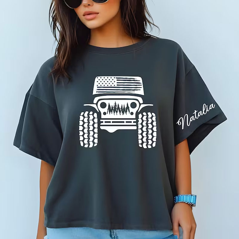 American Offroad T-Shirt with Custom Name on Sleeves, USA Flag Tee