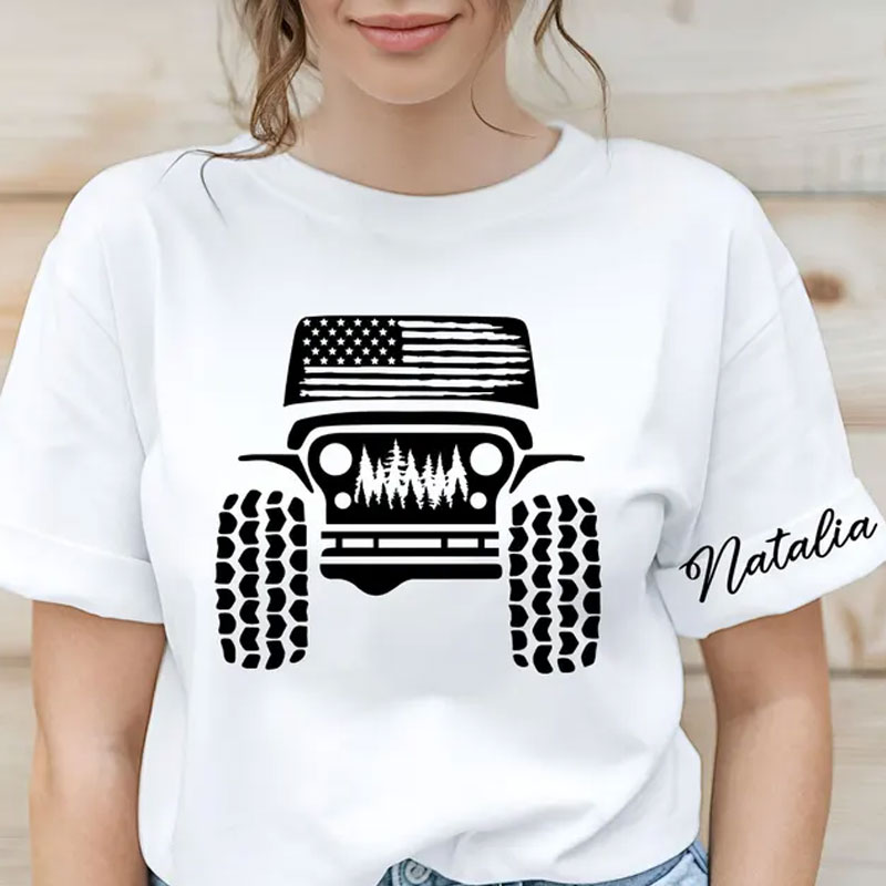 American Offroad T-Shirt with Custom Name on Sleeves, USA Flag Tee