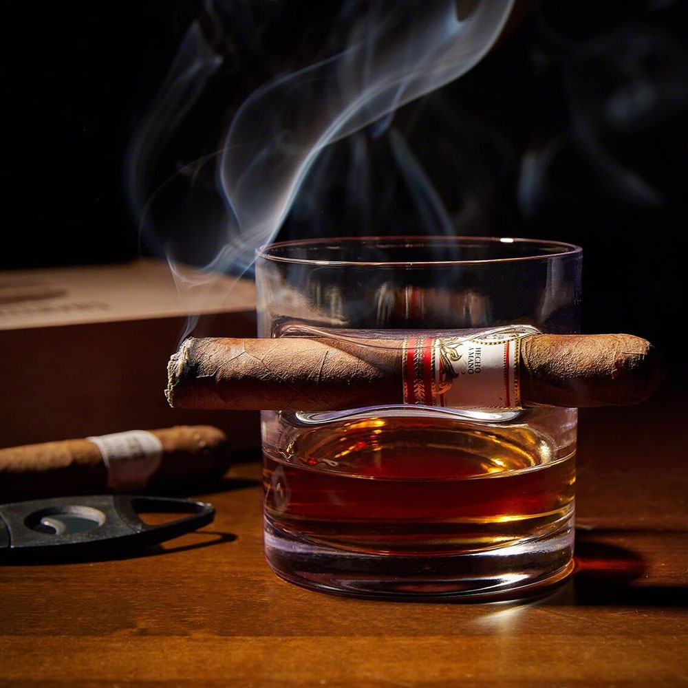 Personalized Round Whiskey Glass with Cigar Holder