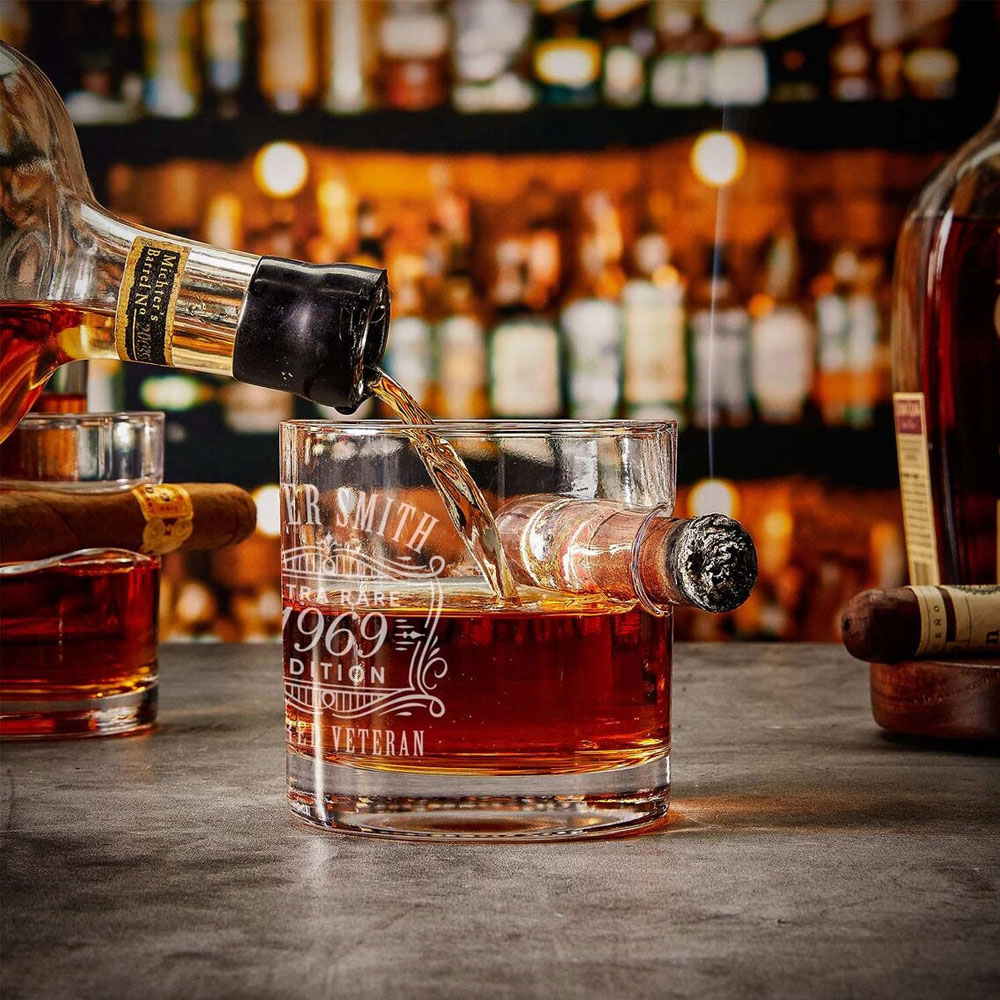 Personalized Round Whiskey Glass with Cigar Holder