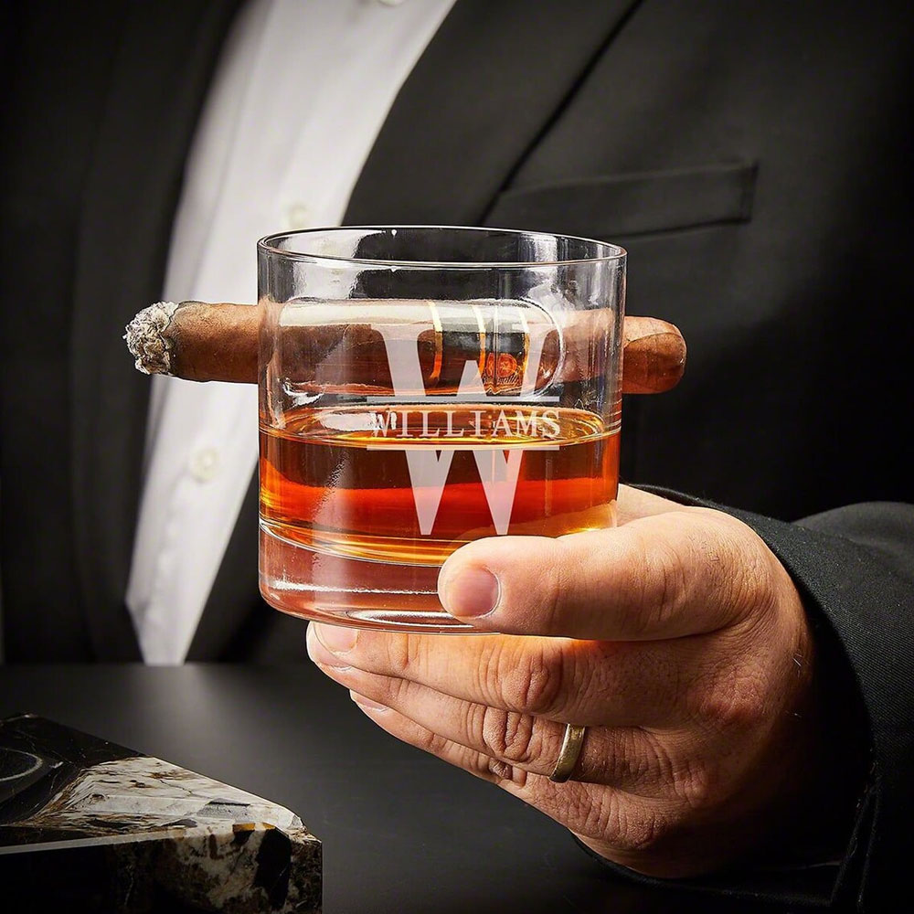 Personalized Round Whiskey Glass with Cigar Holder